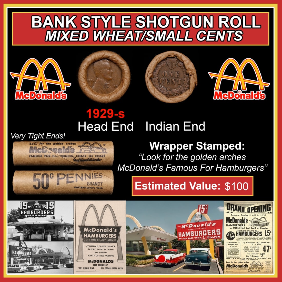 Lincoln Wheat Cent 1c Mixed Roll Orig Brandt McDonalds Wrapper, 1929-s end, Indian other end (1 of 3)
