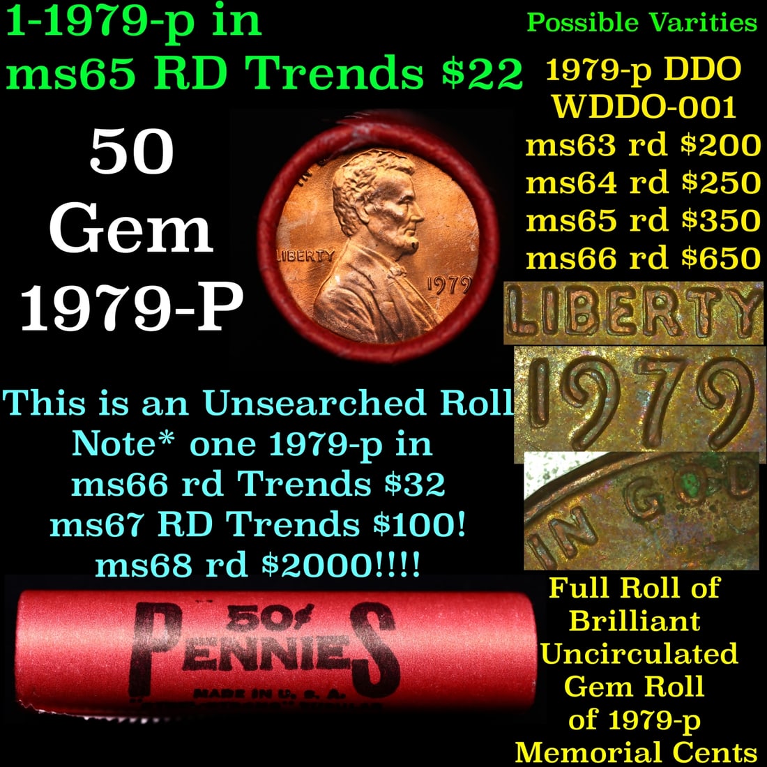 BU Shotgun Lincoln 1c roll, 1979-p 50 pcs Bank Wrapper 50c: BU Shotgun Lincoln 1c roll, 1979-p 50 pcs Bank Wrapper 50c. A terrific Shotgun roll of Lincoln cents in a Bank wrapper. Most if not all coins should be cherry red.