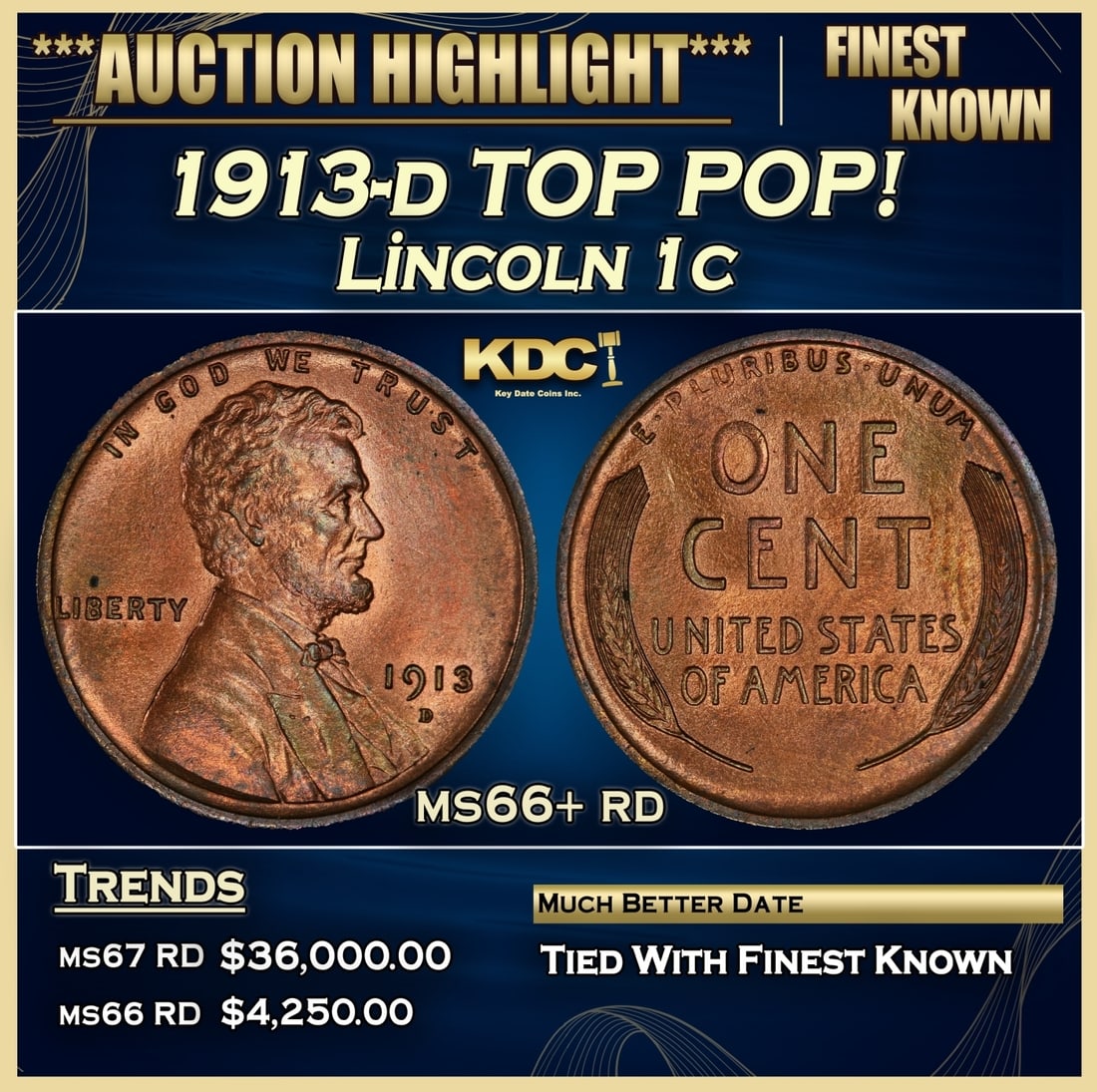 1913-d Lincoln Cent TOP POP! 1c ms66+ rd SEGS (1 of 3)