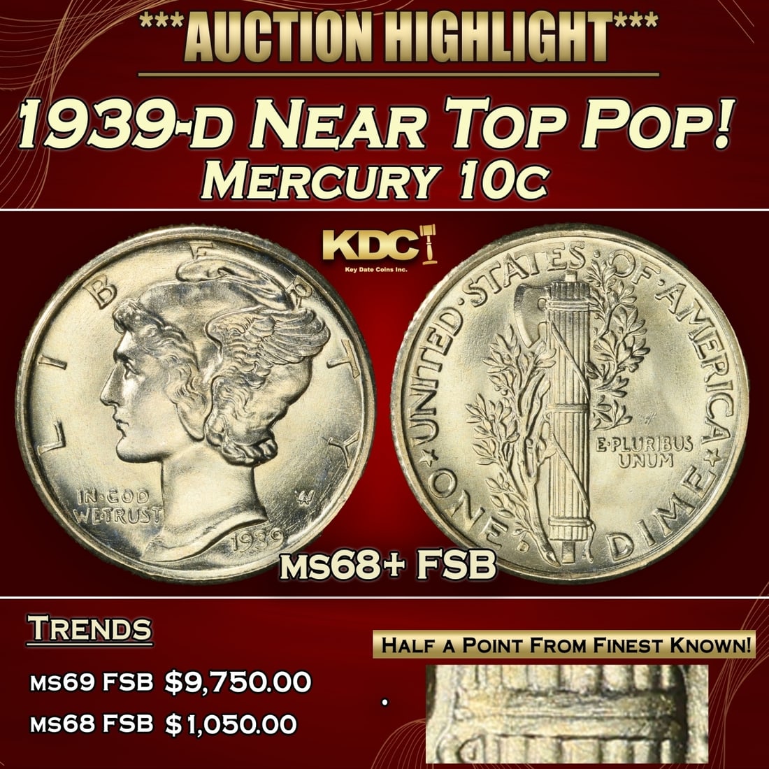 1939-d Mercury Dime Near Top Pop! 10c ms68+ FSB SEGS (1 of 4)