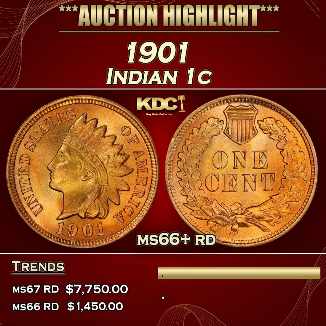 1901 Indian Cent 1c ms66+ rd SEGS (1 of 3)