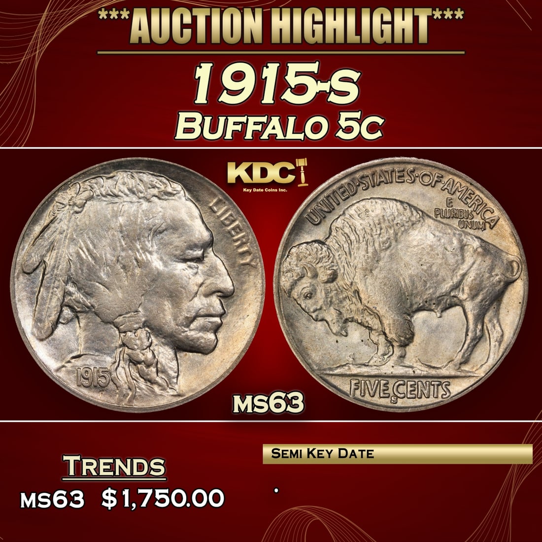 1915-s Buffalo Nickel 5c ms63 USCG (1 of 3)
