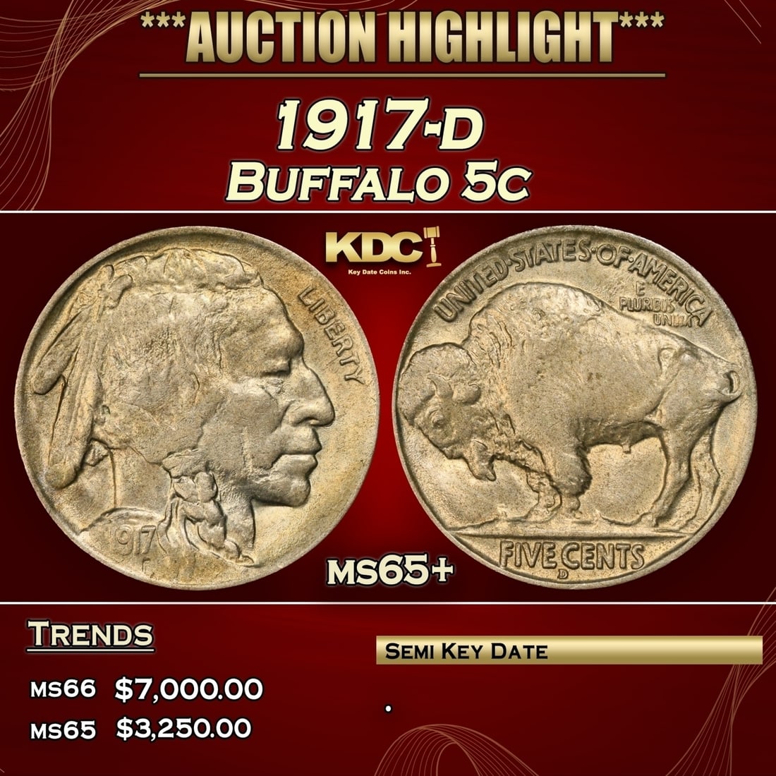 1917-d Buffalo Nickel 5c ms65+ SEGS (1 of 3)