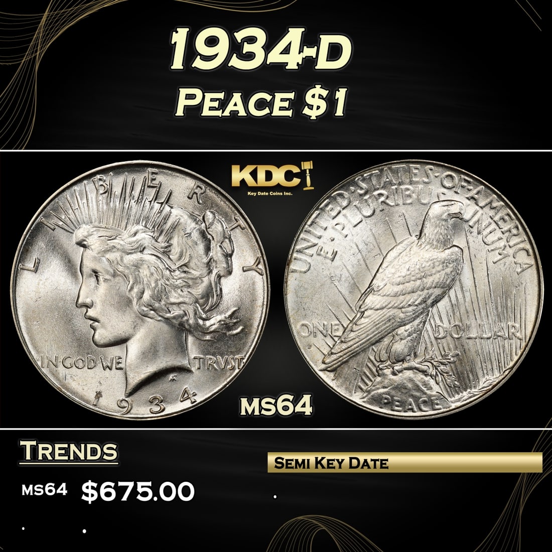 1934-d Peace Dollar $1 Grades ms64 (1 of 3)