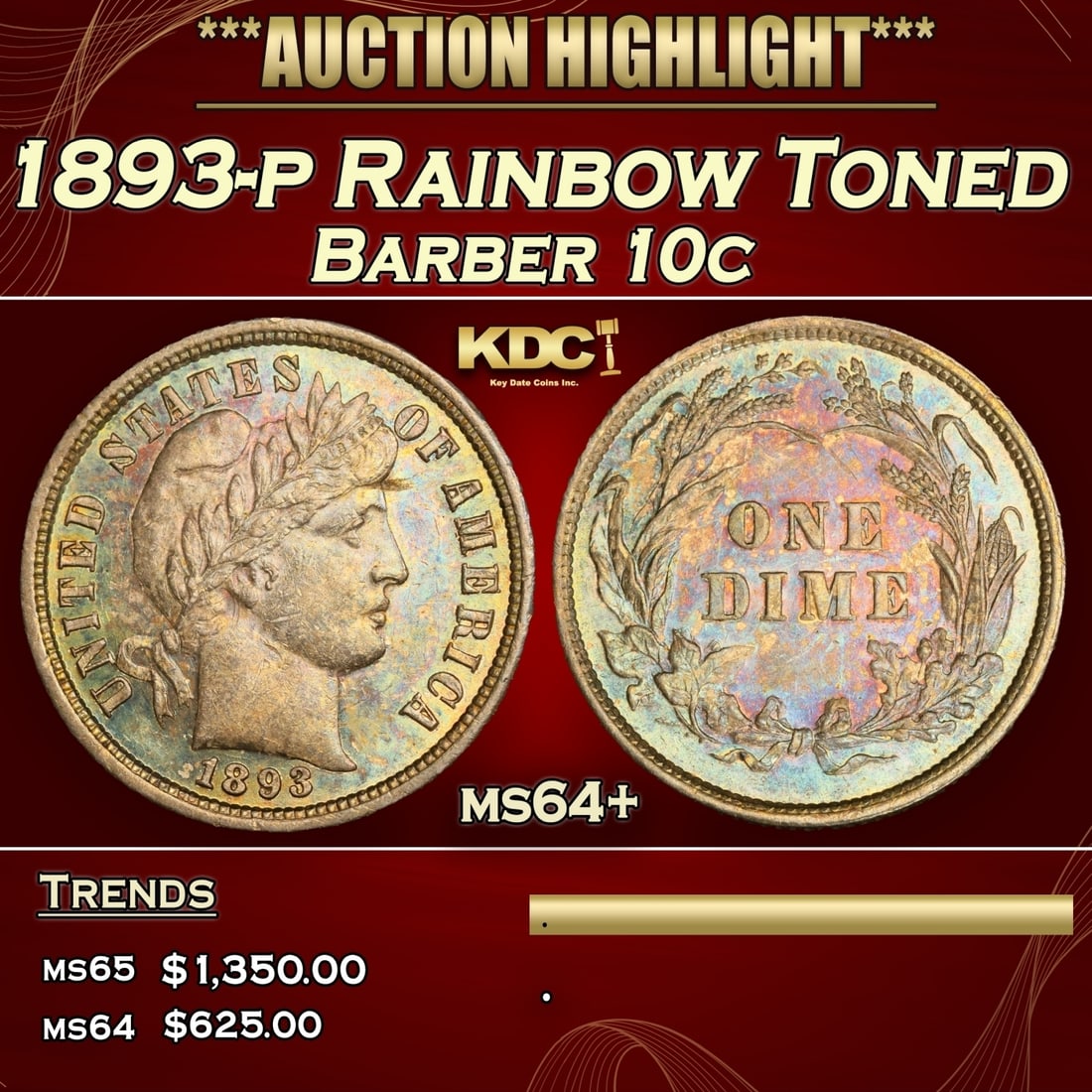 1893-p Barber Dime Rainbow Toned 10c ms64+ SEGS (1 of 3)