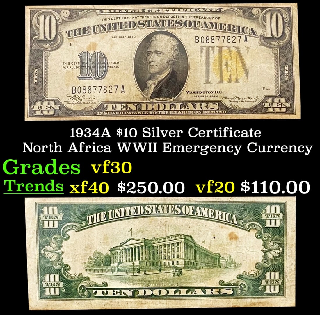 1934A $10 Silver Certificate North Africa WWII Emergency Currency Grades vf++ (1 of 3)
