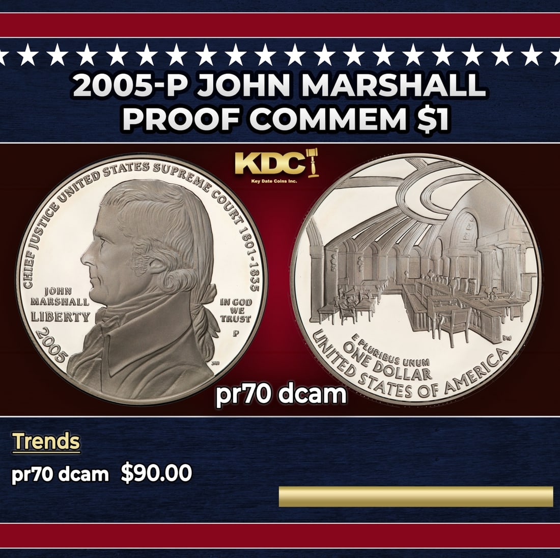 2005-P John Marshall Proof Modern Commem Dollar $1 pr70 dcam SEGS: 2005-P John Marshall Modern Commem Dollar $1 pr70 dcam SEGS.
