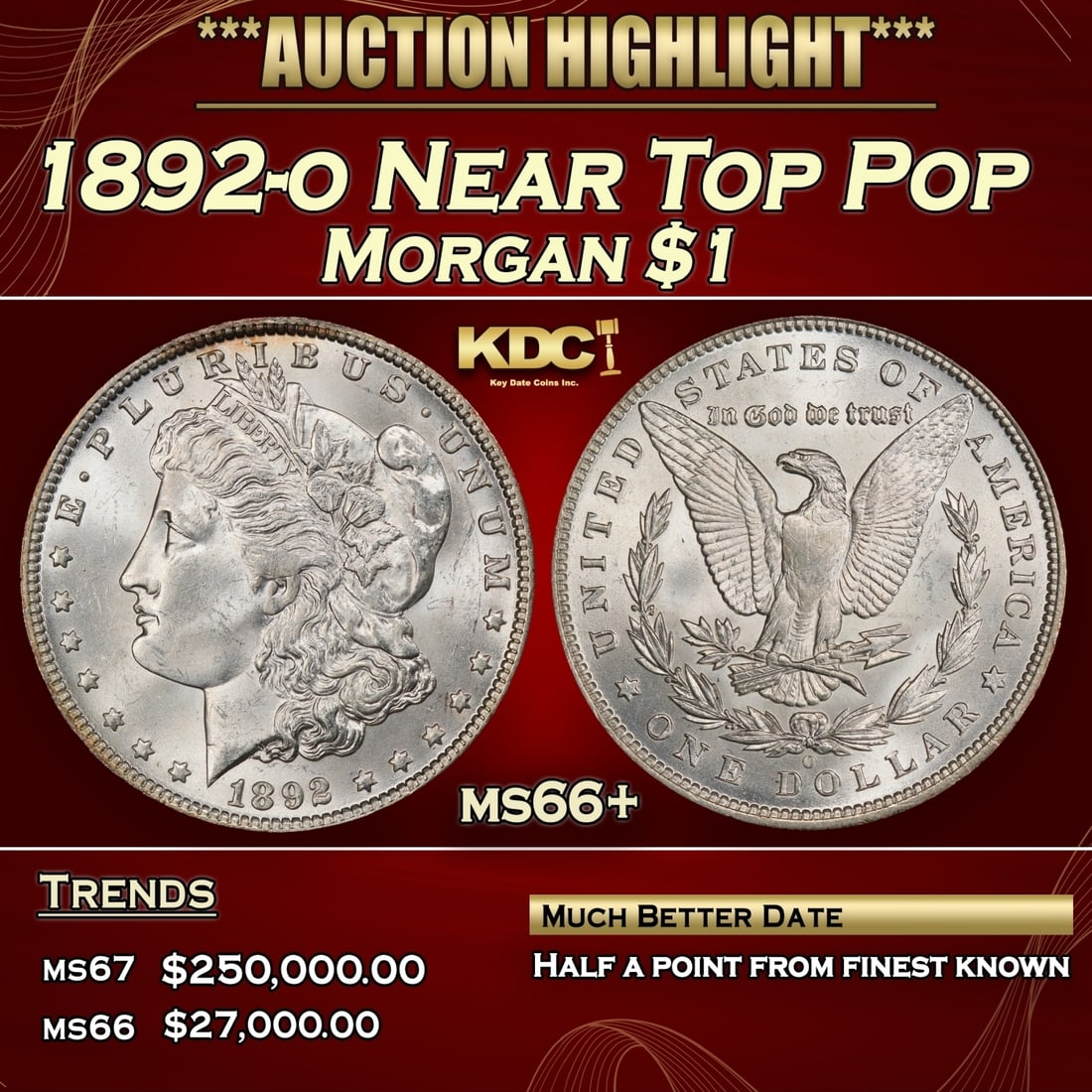 1892-o Morgan Dollar Near Top Pop $1 ms66+ SEGS (1 of 3)