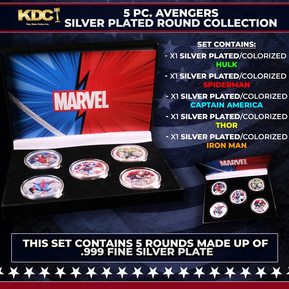 5 Coin Marvel Disney Avengers Silver Plated Round Collection Spider-Man, Hulk, Captain America, (1 of 3)