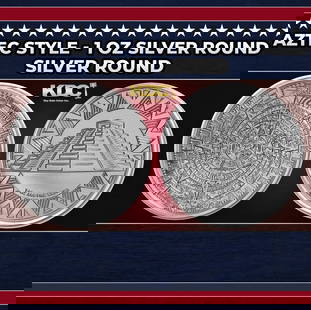 Aztec Temple - 1 oz Silver Round Round: Aztec Temple - 1 oz Silver Round. This unique silver round features an obverse with an intricate depiction of the Aztec calendar. Reverse features Aztec pyramid surrounded by Aztec-inspired designs. C