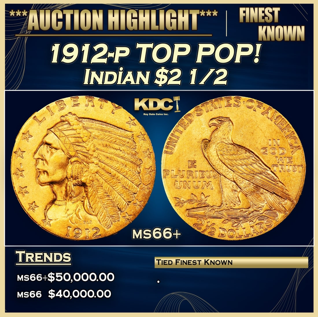 1912-p Gold Indian Quarter Eagle TOP POP! $2 1/2 ms66+ USCG (1 of 3)