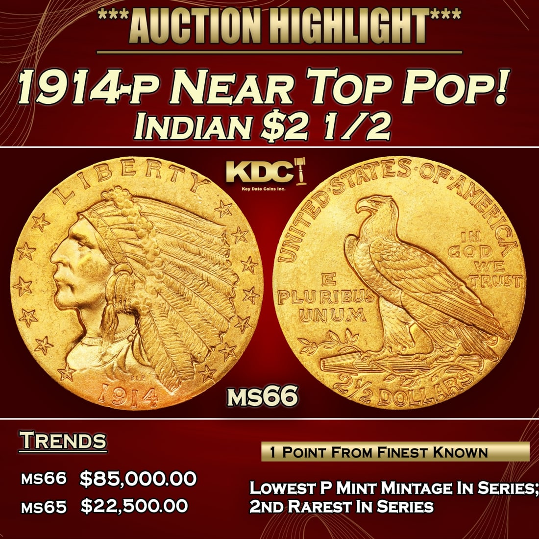 1914-p Gold Indian Quarter Eagle Near Top Pop! $2 1/2 ms66 USCG: 1914-p Near Top Pop! Gold Indian Quarter Eagle $2 1/2 ms66 USCG. The 1914 Indian quarter eagle boasts the lowest mintage of any Philadelphia issue of the series, at a mere 240,000 pieces. The 1914 is 
