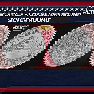 Aztec Temple - 1 oz Silver Round Round: Aztec Temple - 1 oz Silver Round. This unique silver round features an obverse with an intricate depiction of the Aztec calendar. Reverse features Aztec pyramid surrounded by Aztec-inspired designs. C