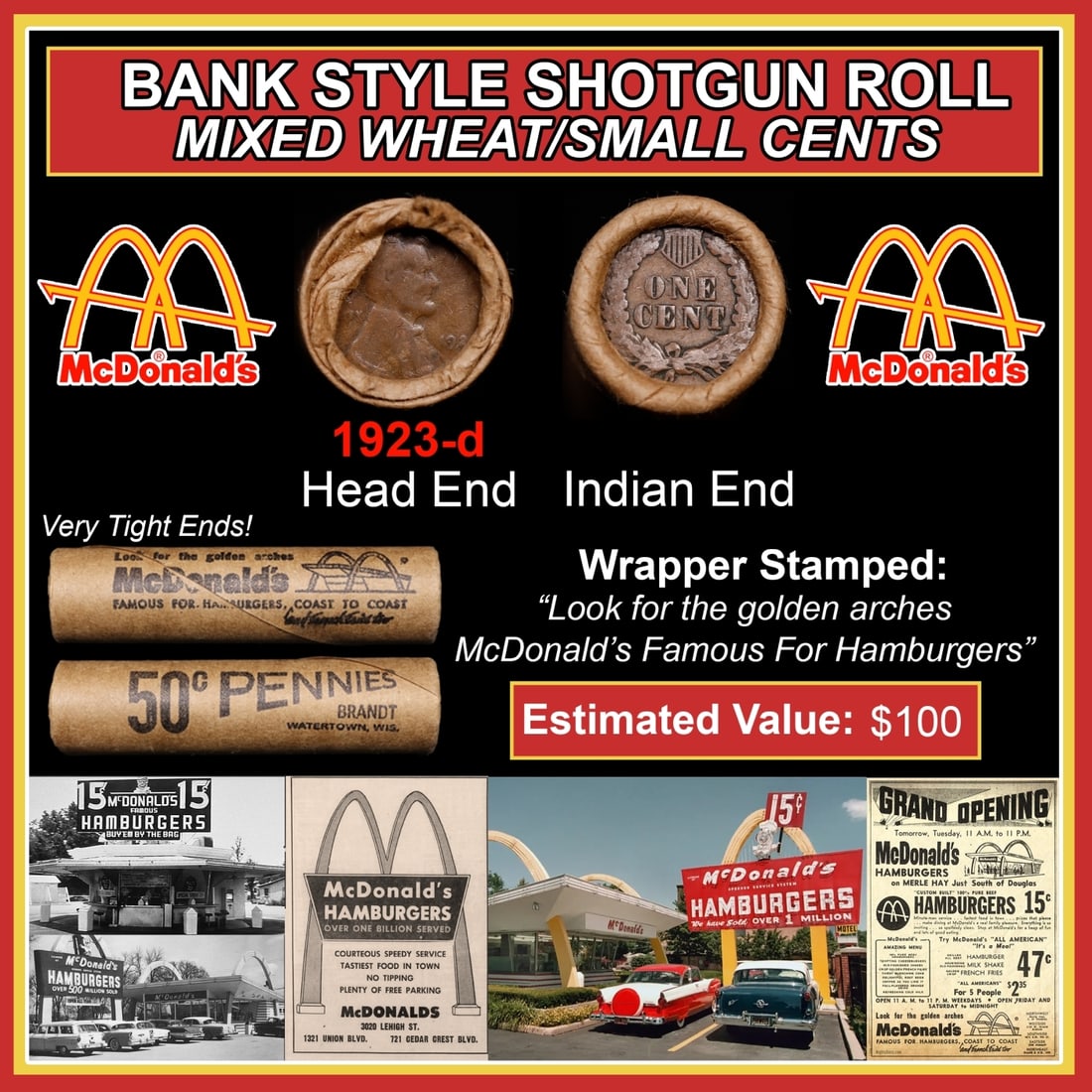 Lincoln Wheat Cent 1c Mixed Roll Orig Brandt McDonalds Wrapper, 1923-d end, Indian other end (1 of 3)