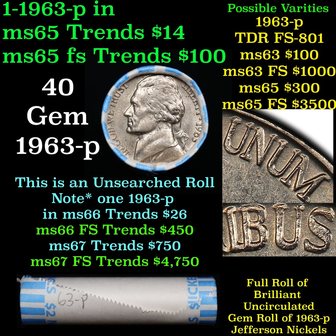 BU Shotgun Jefferson 5c roll, 1963-p 40 pcs Bank $2 Nickel Wrapper: BU Shotgun Jefferson 5c roll, 1963-p 40 pcs Bank $2 Nickel Wrapper.