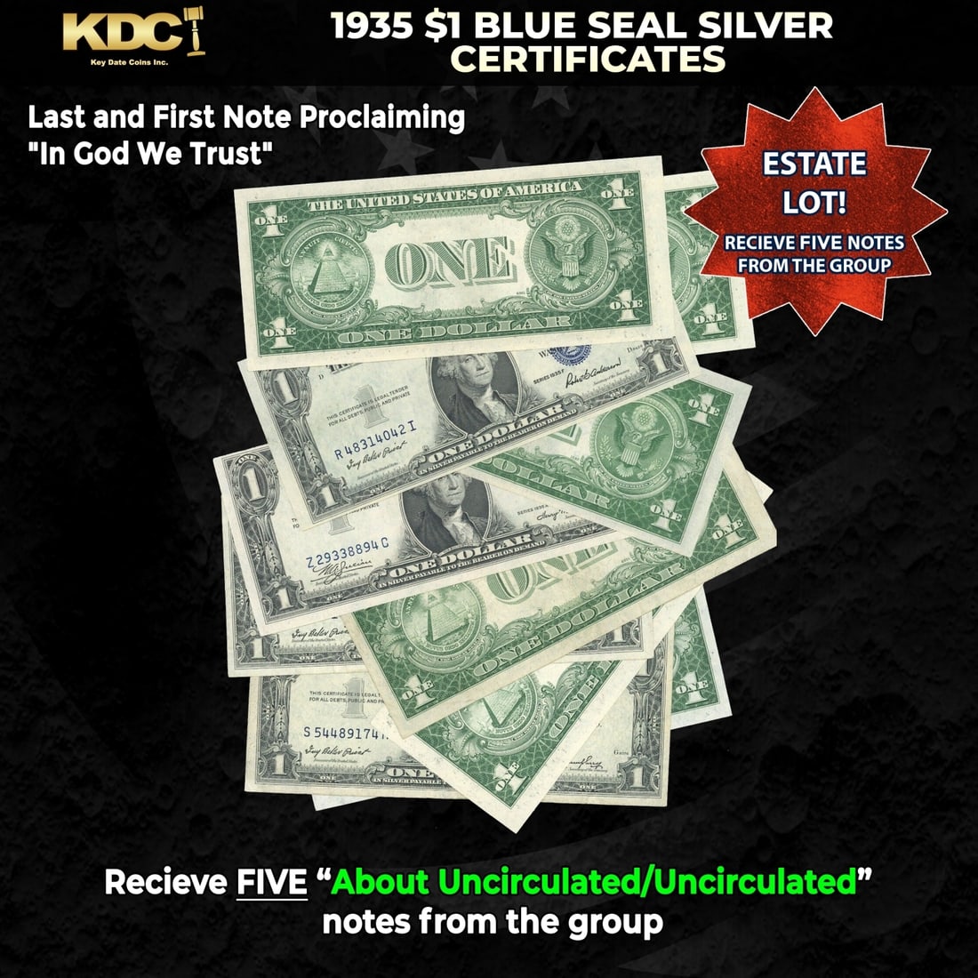 5x 1935 $1 Blue Seal Silver Certificates Grades AU/CU: 5x 1935 $1 Blue Seal Silver Certificates Grades AU/CU. Silver Certificates were redeemable in Silver. One of their most distinctive qualities is the blue Treasury seal and serial numbers. These notes 