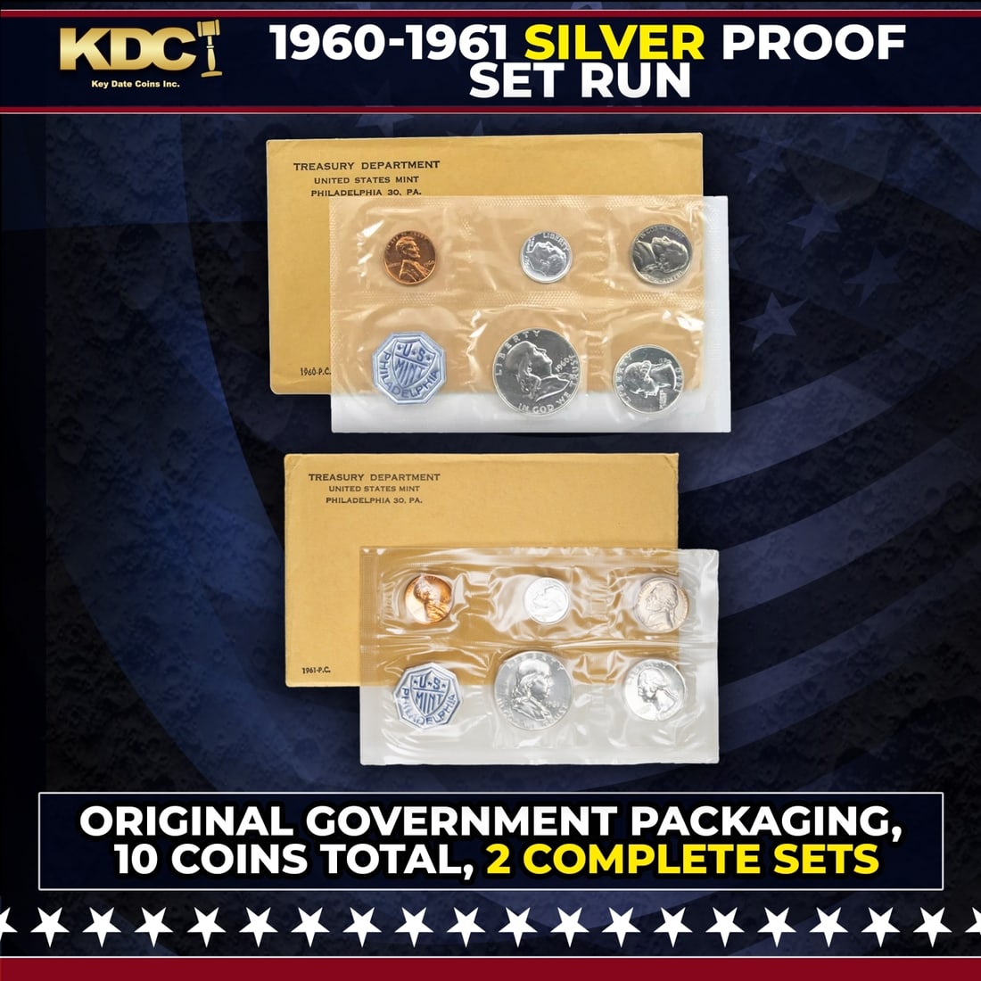 1960 & 1961 Silver Proof Sets 10 Coins In Original Government Packaging Manilla Envelope (1 of 1)