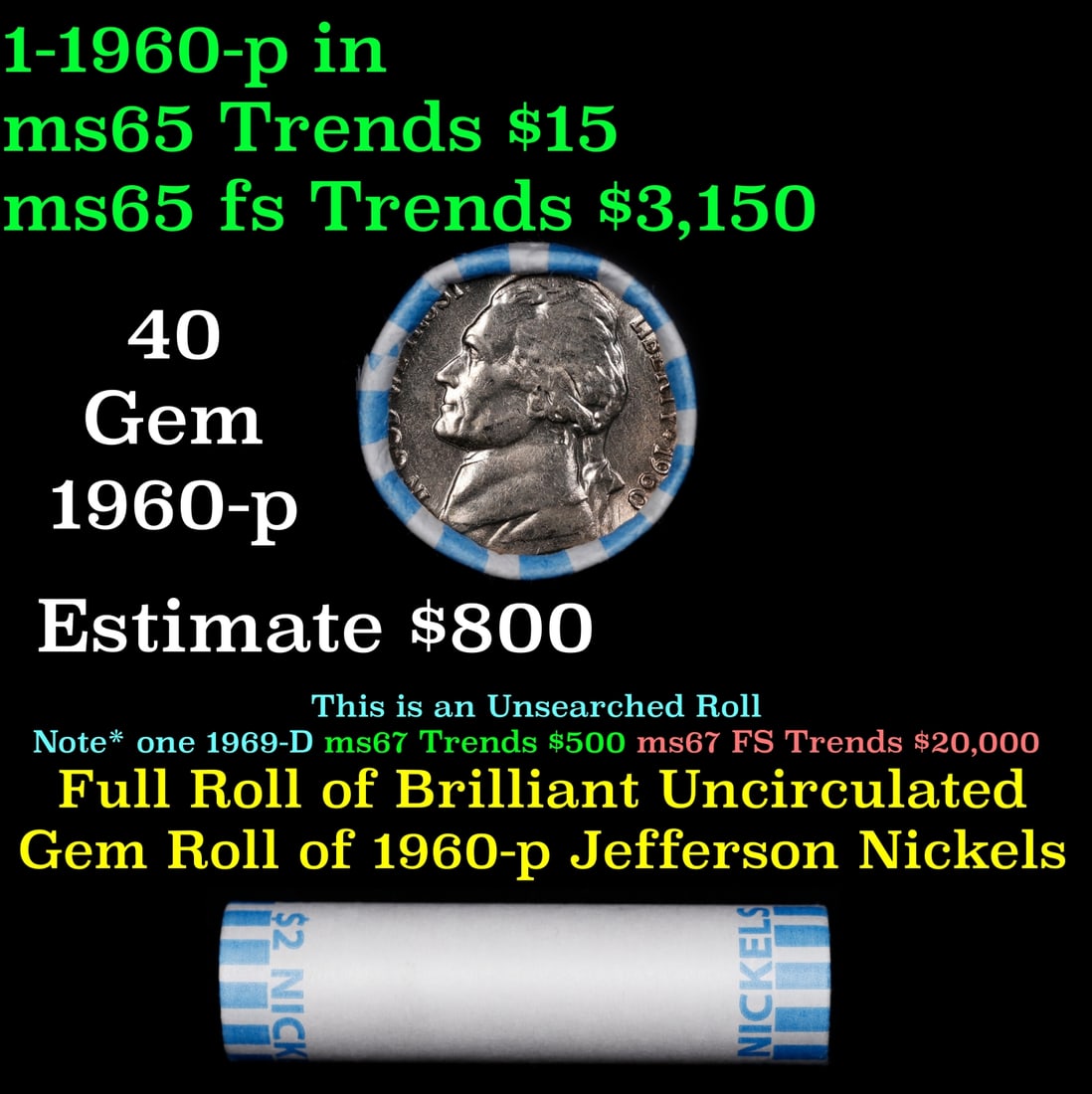 BU Shotgun Jefferson 5c roll, 1960-p 40 pcs Bank $2 Nickel Wrapper: BU Shotgun Jefferson 5c roll, 1960-p 40 pcs Bank $2 Nickel Wrapper.