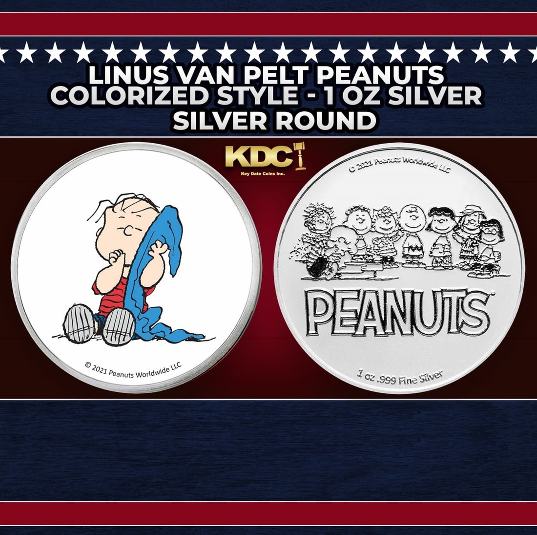 Linus Van Pelt Peanuts Colorized Style - 1 oz Silver Round Round: Linus Van Pelt Peanuts Colorized Style - 1 oz Silver Round. Now you can collect all of the classic Peanuts characters on these officially licensed colorized silver rounds! Contains 1oz of .999 Fine Si