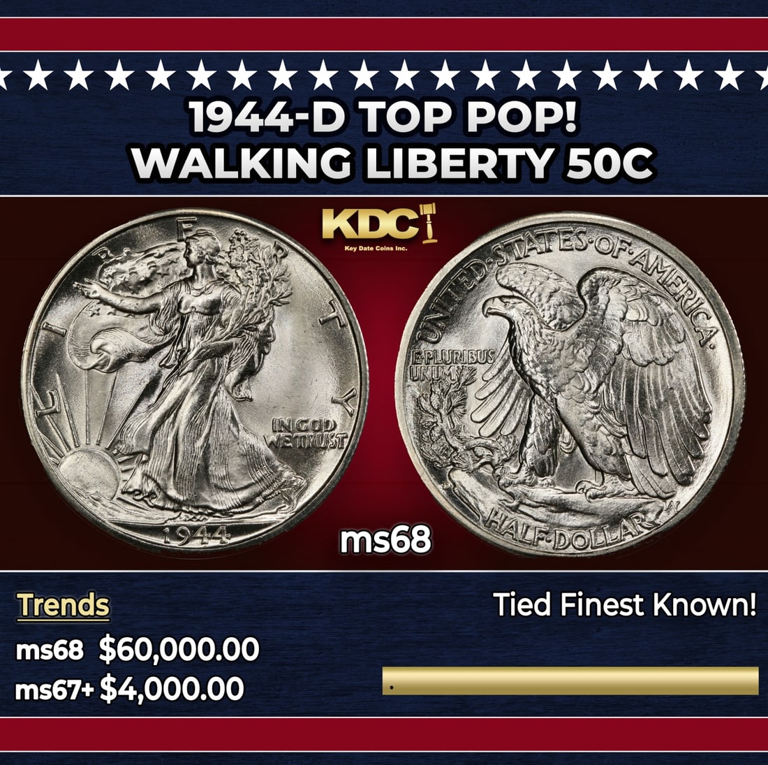 1944-d Walking Liberty Half Dollar TOP POP! 50c ms68 SEGS (1 of 3)