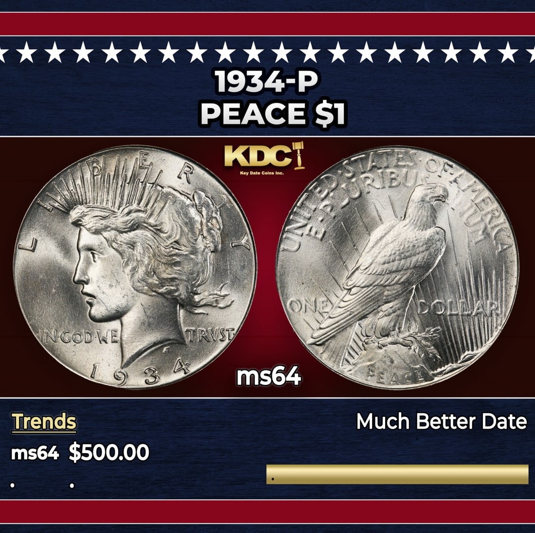 1934-p Peace Dollar $1 Grades ms64 (1 of 3)