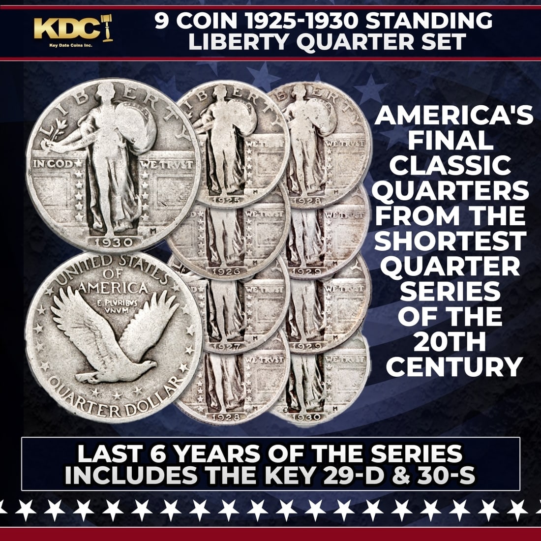 9 Coin 1925-1930 Standing Liberty Quarter 25c Set, Final 6 Years Of The Series (1 of 1)
