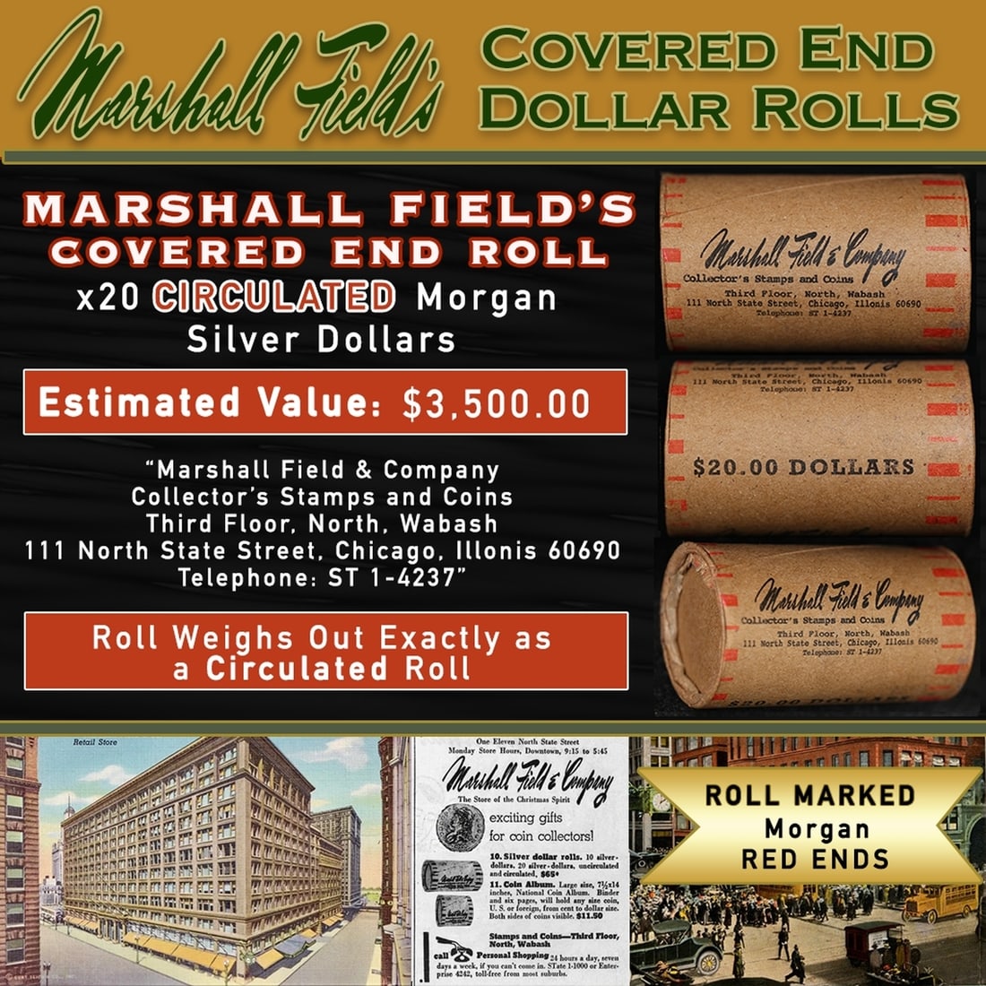 COS- Rare RED Level MARSHALL FIELDS Circ Morgan $1 Roll 20 (1 of 7)