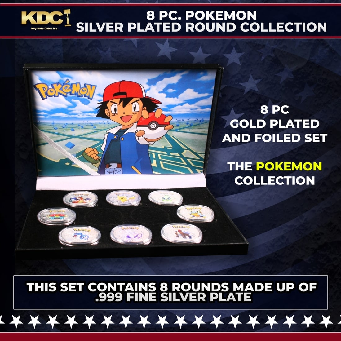 8 Coin Pokemon Silver Plated and Foiled Round Collection: 8 Coin Pokemon Silver Plated and Foiled Round Collection.