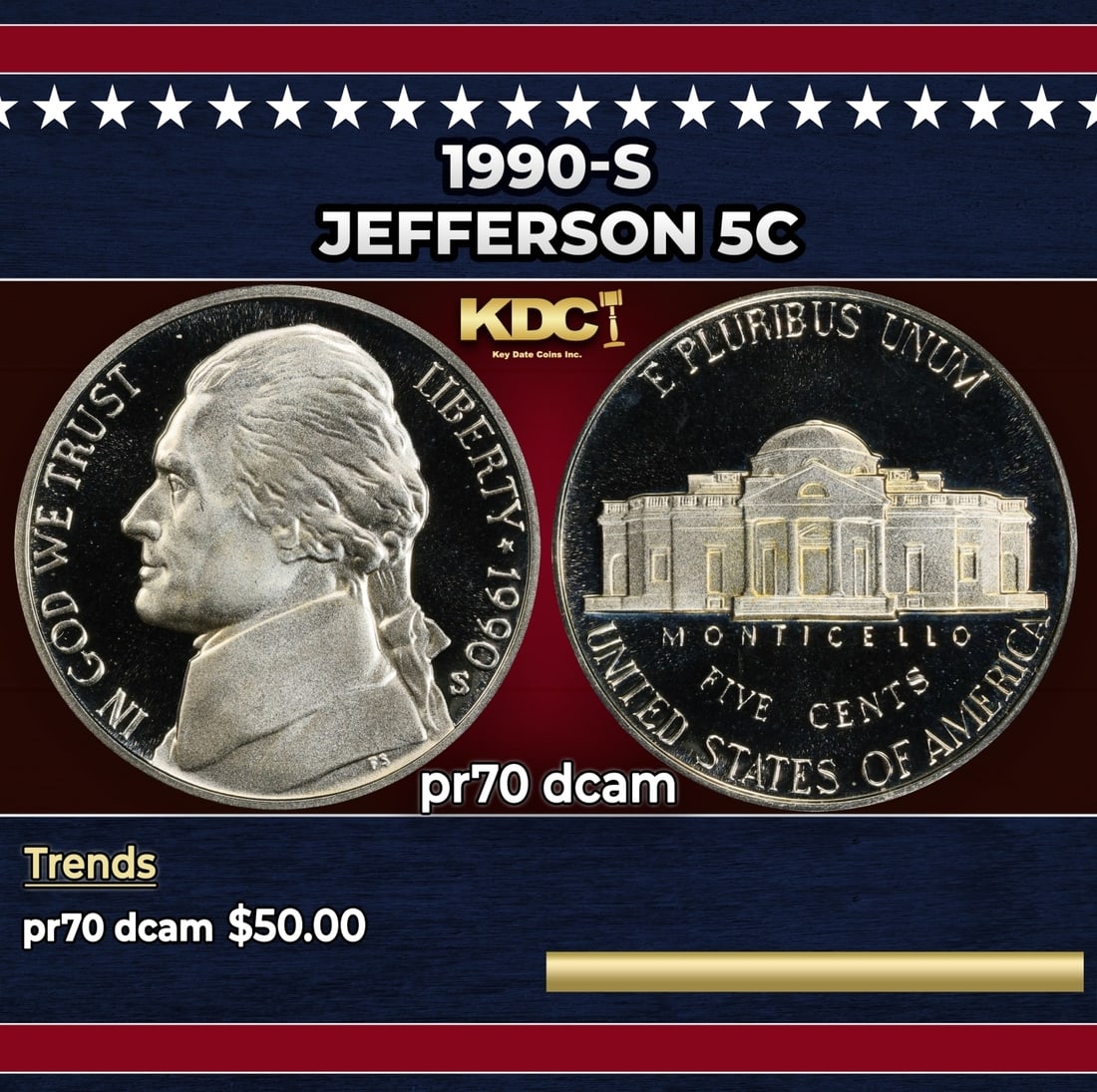 1990-s Proof Jefferson Nickel 5c pr70 dcam SEGS: 1990-s Jefferson Nickel 5c pr70 dcam SEGS.