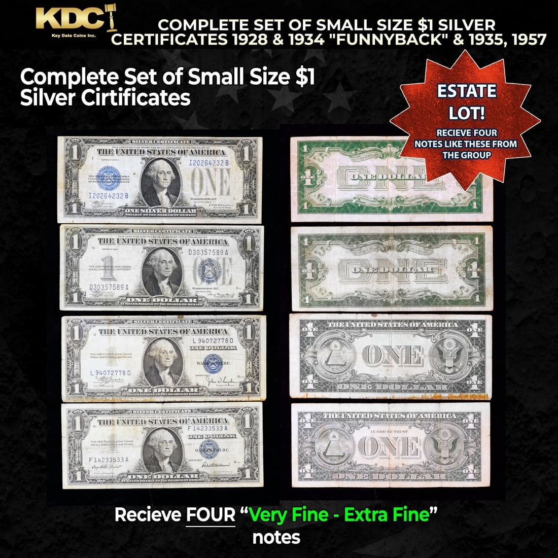 COMPLETE Set of Small Size $1  Silver Certificates 1928 & 1934 "Funnyback" & 1935, 1957 Grades VF/XF (1 of 1)