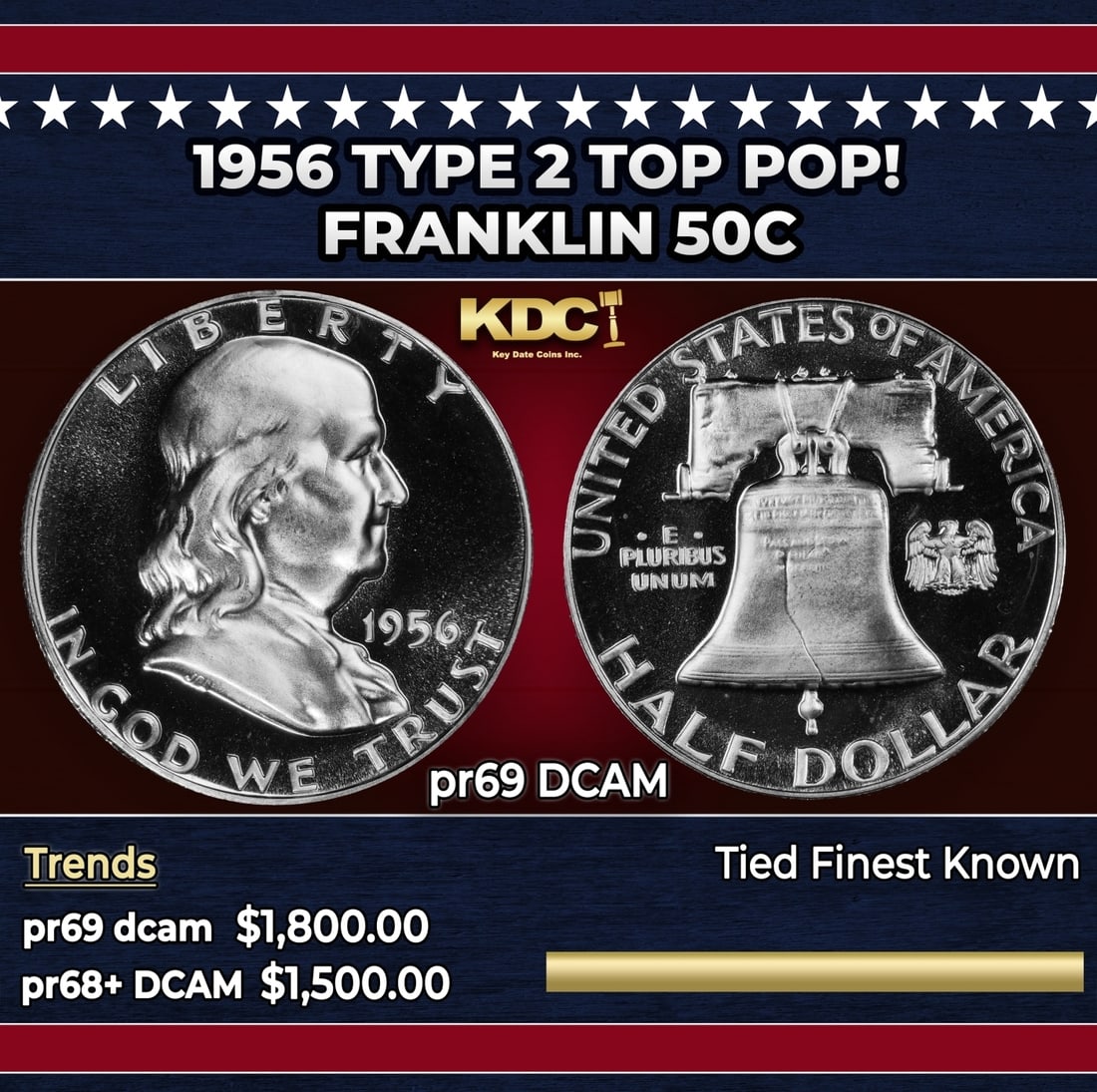 1956 Type 2 Proof Franklin Half Dollar TOP POP! 50c pr69 DCAM SEGS (1 of 3)