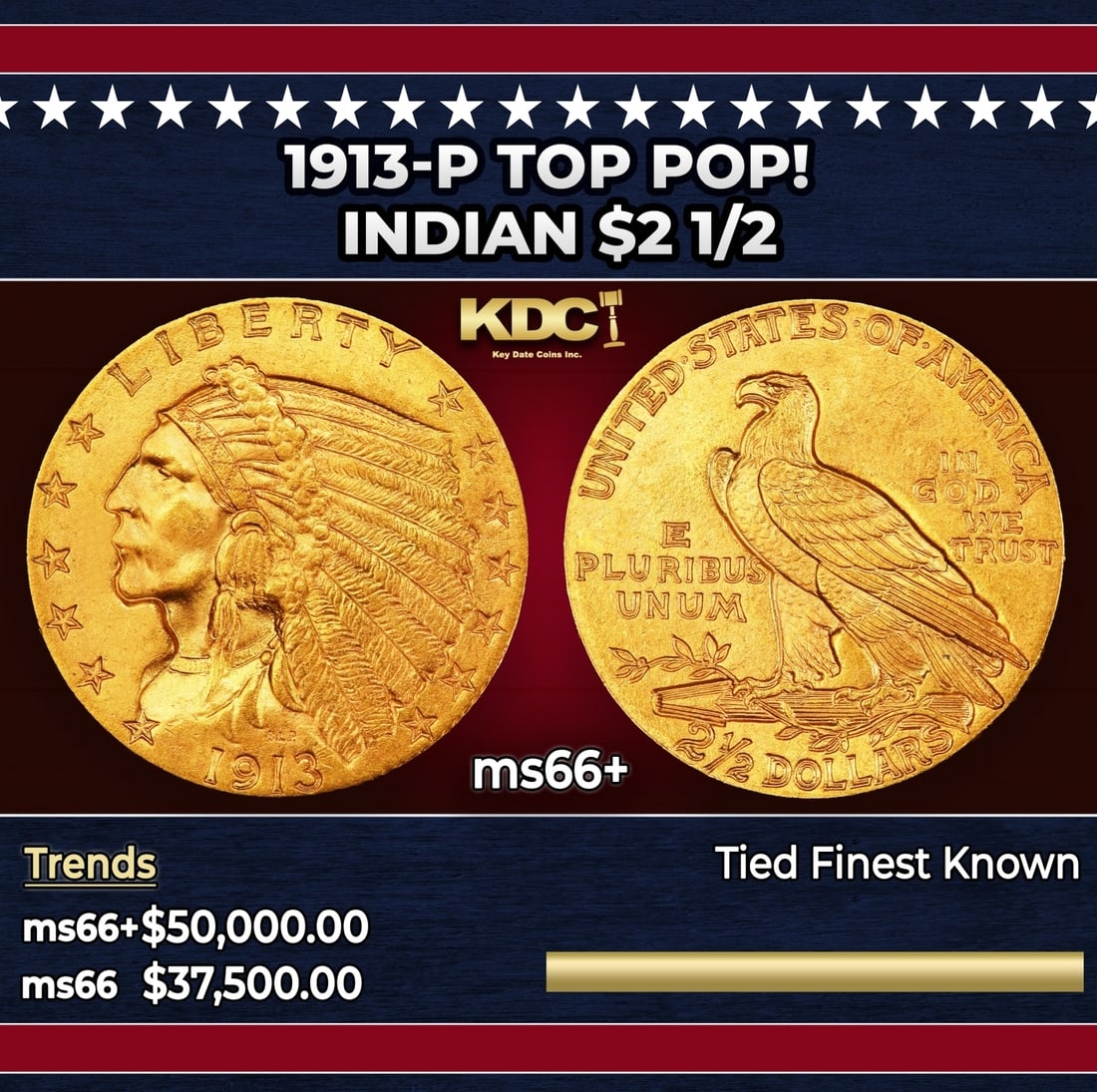 1913-p Gold Indian Quarter Eagle TOP POP! $2 1/2 ms66+ USCG (1 of 3)
