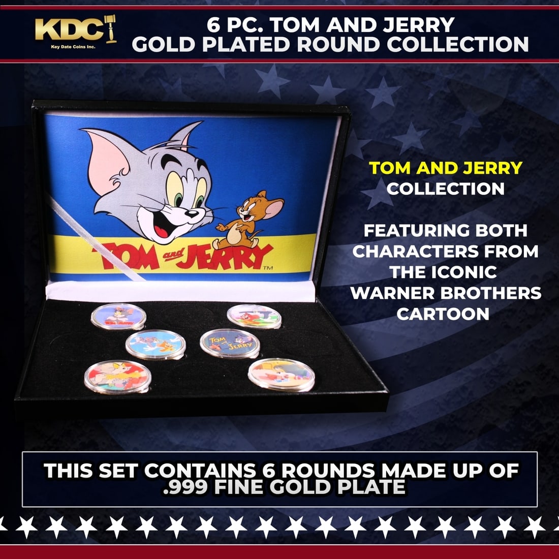 6 Coin Tom and Jerry Gold Plated Round Collection: 6 Coin Tom and Jerry Gold Plated Round Collection.