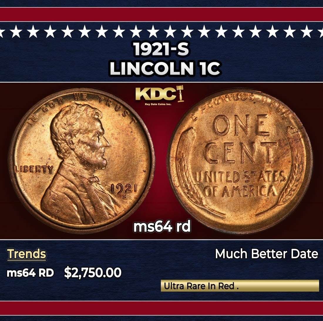 1921-s Lincoln Cent 1c ms64 rd SEGS (1 of 3)