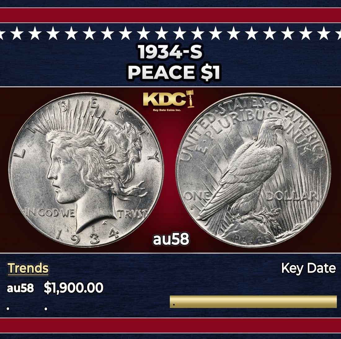 1934-s Peace Dollar $1 au58 SEGS (1 of 3)