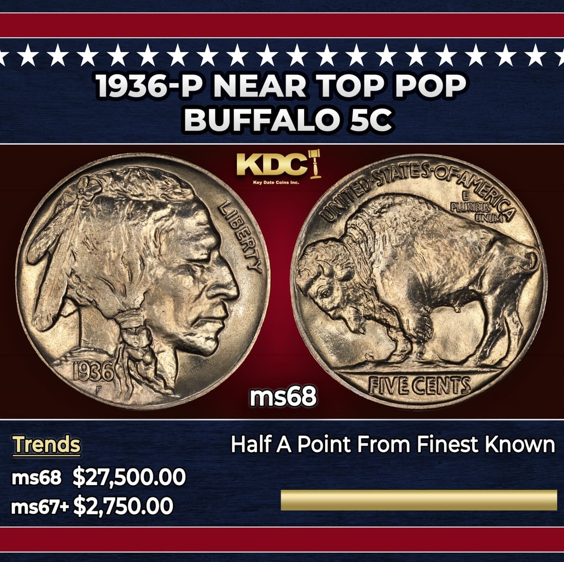 1936-p Buffalo Nickel Near Top Pop 5c ms68 SEGS (1 of 3)