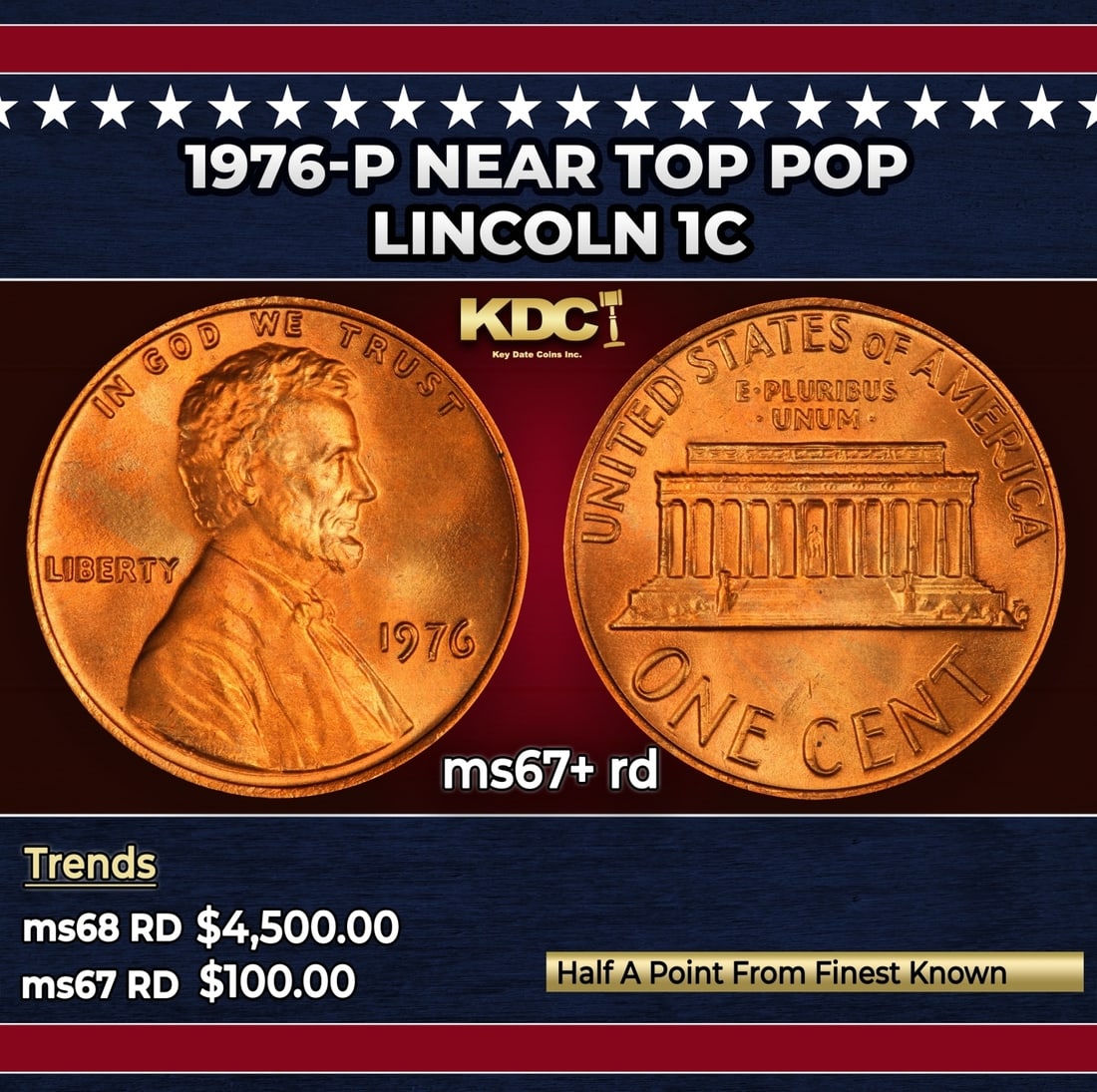 1976-p Lincoln Cent Near Top Pop 1c ms67+ rd SEGS: 1976-p Near Top Pop Lincoln Cent 1c ms67+ rd SEGS.