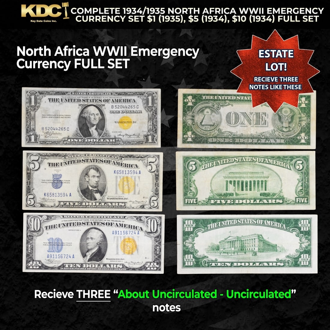 Complete 1934/1935 North Africa WWII Emergency Currency Set $1, $5, $10 FULL SET Grades AU/CU (1 of 1)