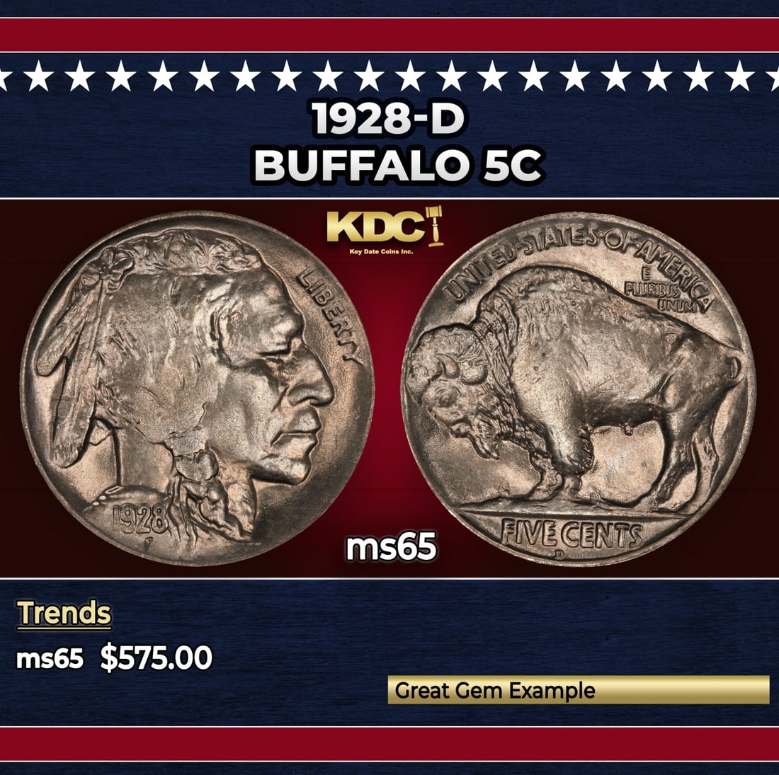 1928-d Buffalo Nickel 5c Grades ms65 (1 of 3)
