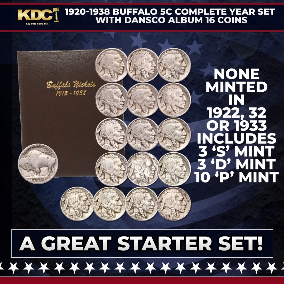 1920-1938 Buffalo Nickel Complete Year Set with Dansco Album 16 Coins, A Great Starter Set! (1 of 1)
