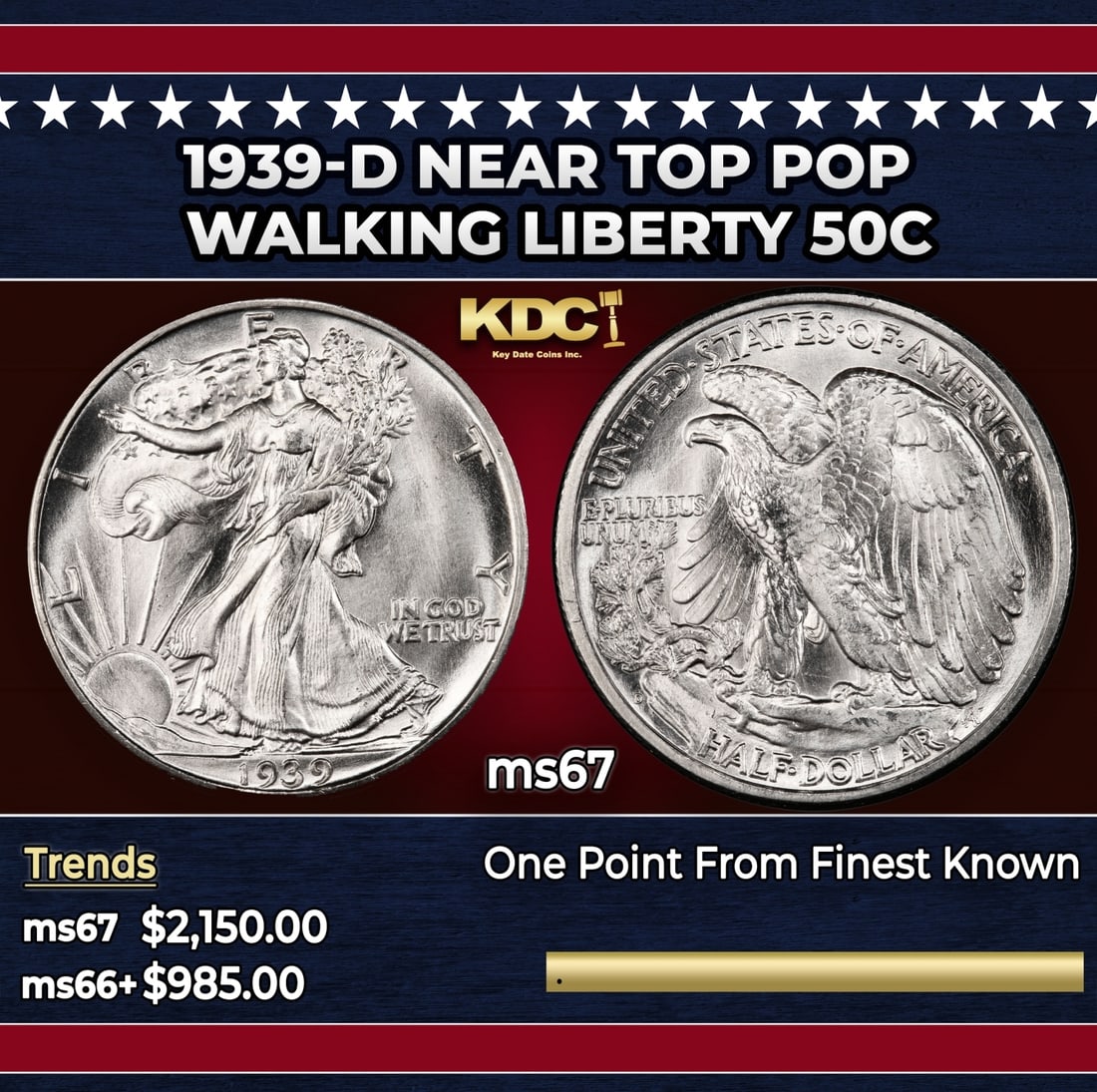 1939-d Walking Liberty Half Dollar Near Top Pop 50c ms67 SEGS (1 of 3)