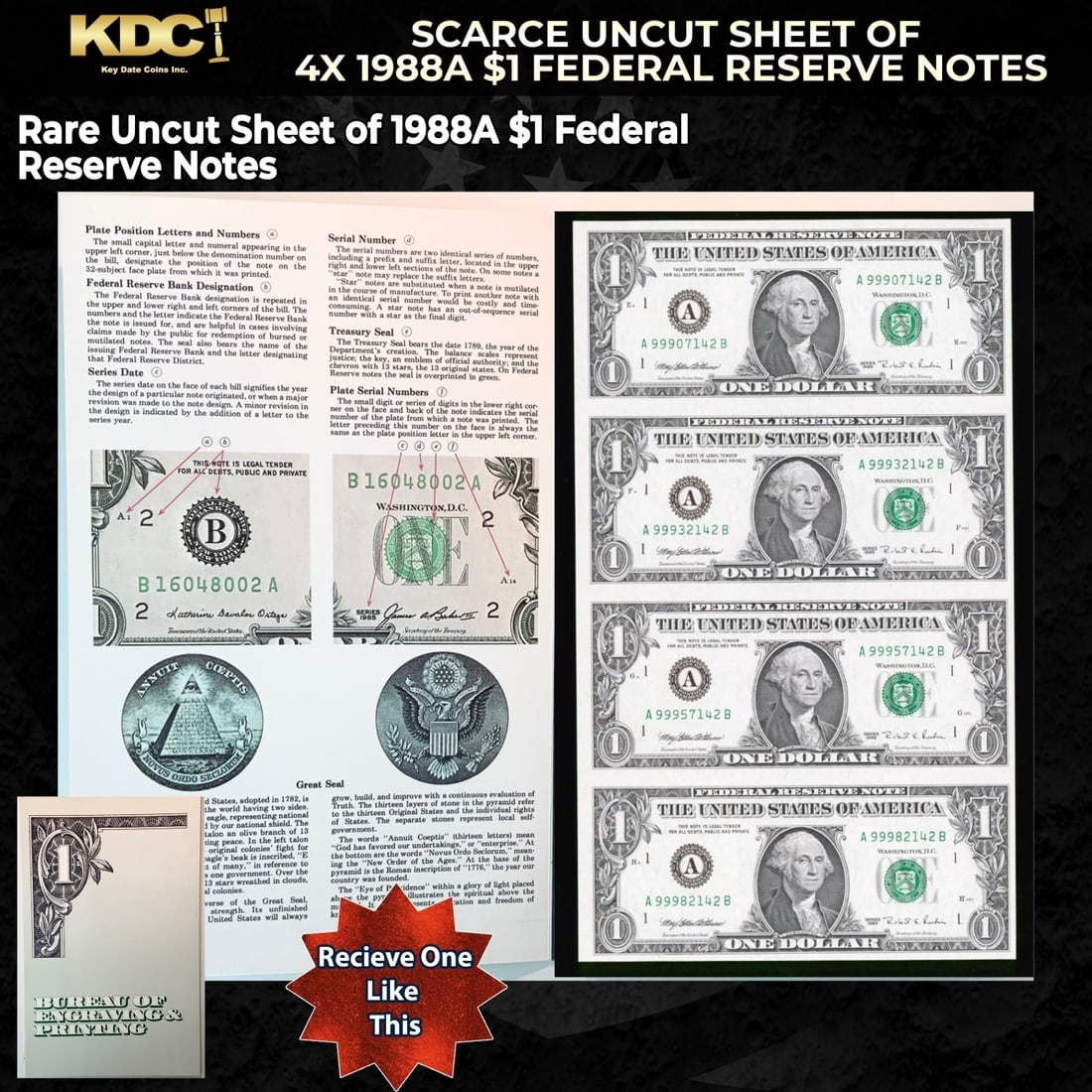 Scarce Uncut Sheet of 4x 1995 $1 Federal Reserve Notes In BeP Folder (1 of 1)