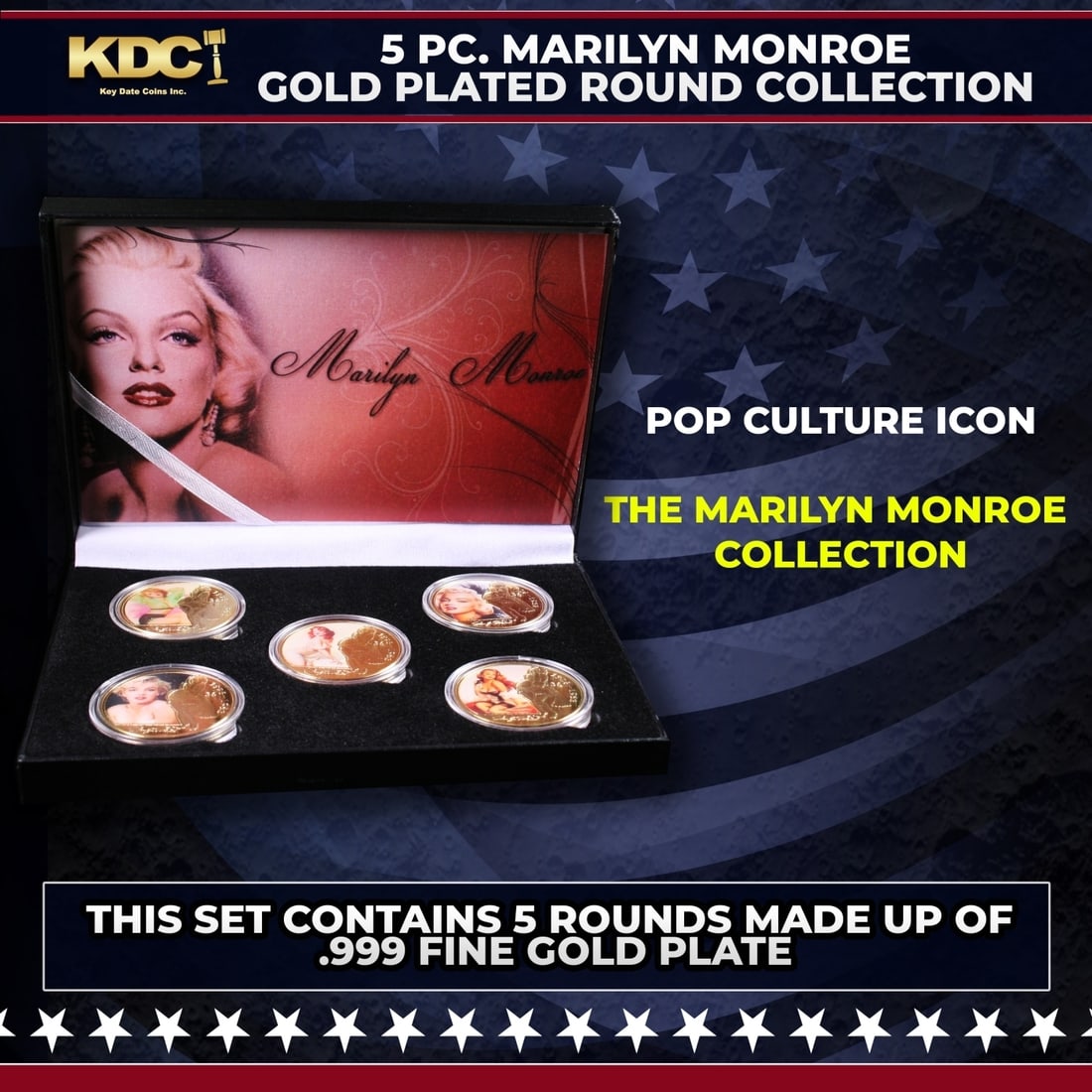 5 Coin Marilyn Monroe Gold Plated Round Collection: 5 Coin Marilyn Monroe Gold Plated Round Collection. 5 Pc. Marilyn Monroe Gold Plated Round Collection. This set contains 5 rounds made up of .999 Fine Gold Plate from The Marilyn Monroe Collection. Ma