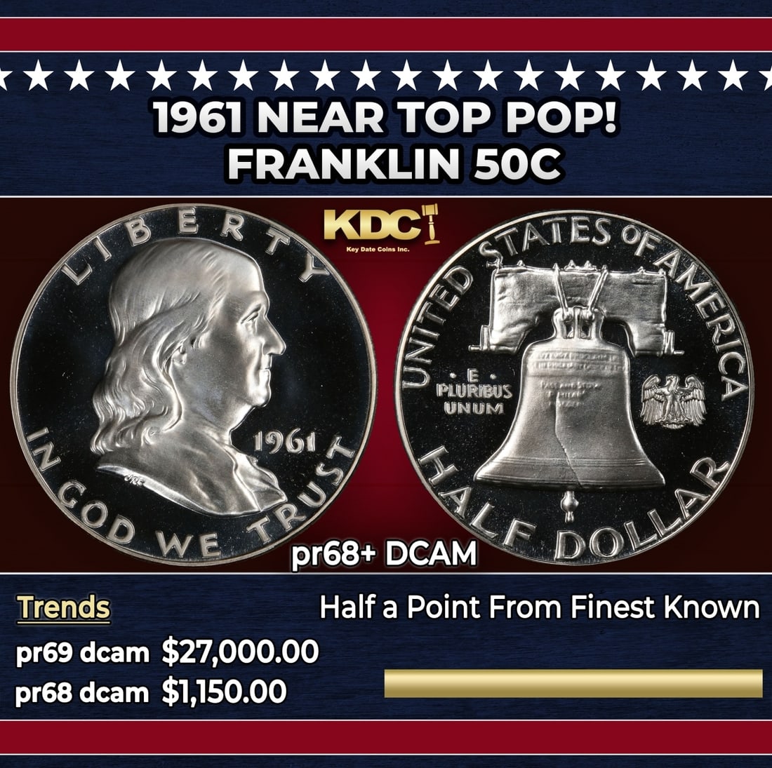 1961 Proof Franklin Half Dollar Near Top Pop! 50c pr68+ DCAM SEGS (1 of 3)