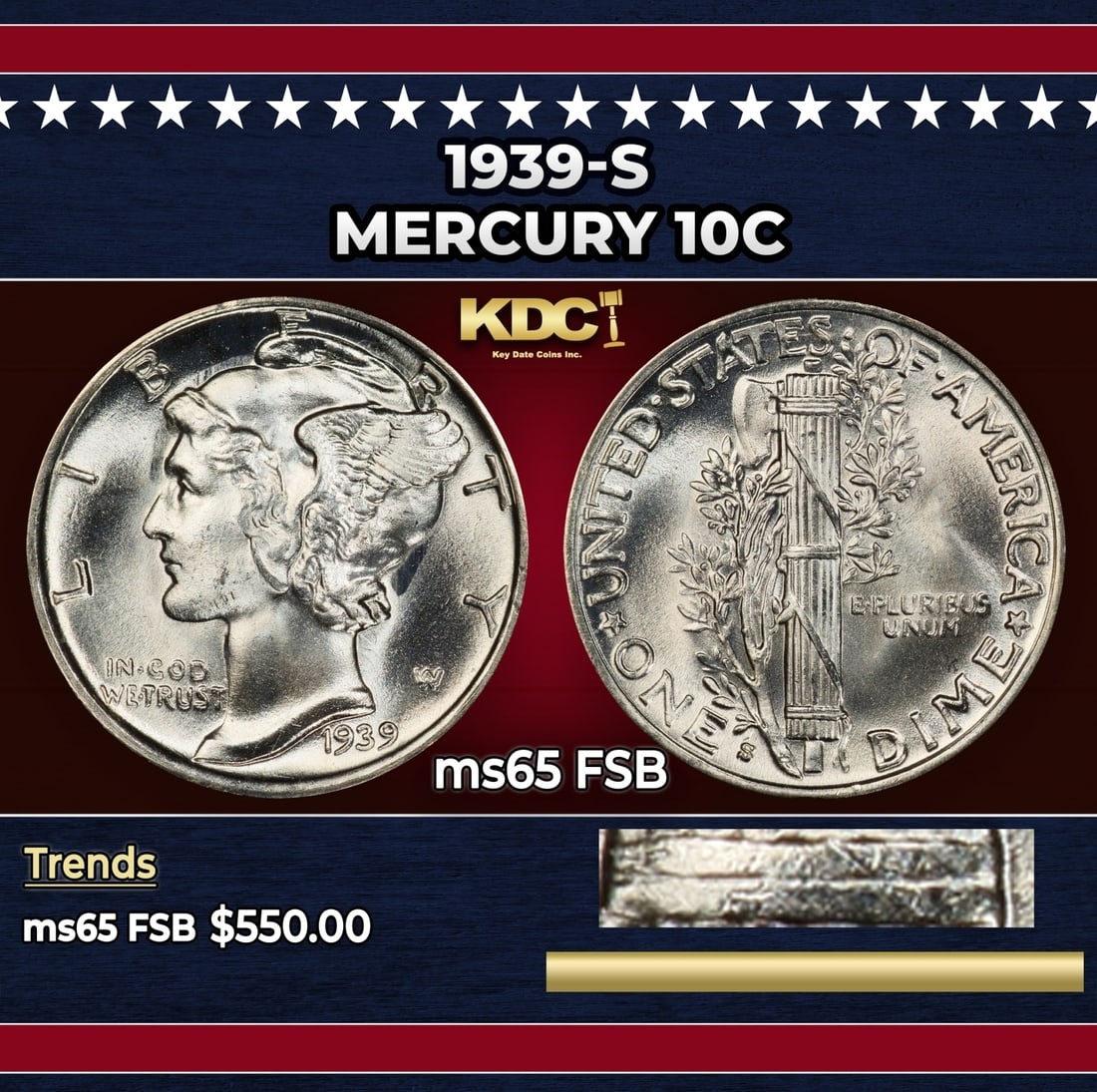 1939-s Mercury Dime 10c ms65 FSB SEGS (1 of 4)