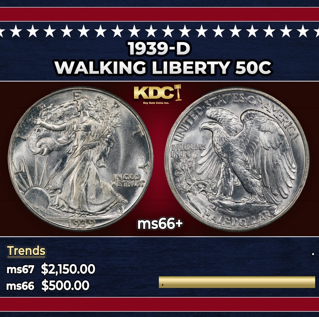 1939-d Walking Liberty Half Dollar 50c ms66+ SEGS (1 of 3)