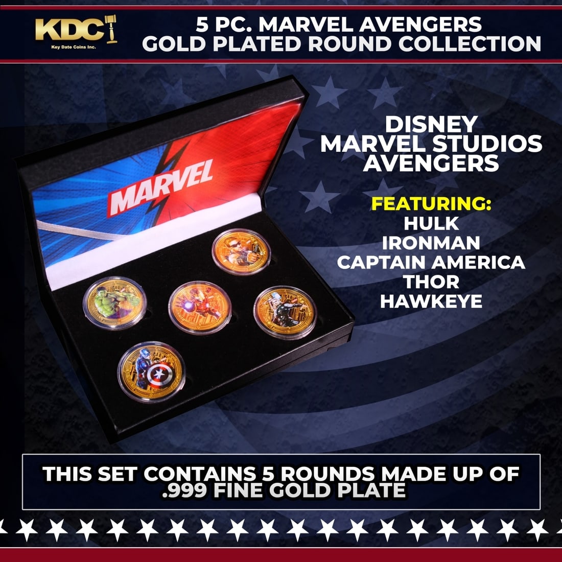 5 Coin Gold Plated Marvel Avengers Superhero Set Includes Hulk, Iron Man, Hawkeye, Thor, & Captain (1 of 2)