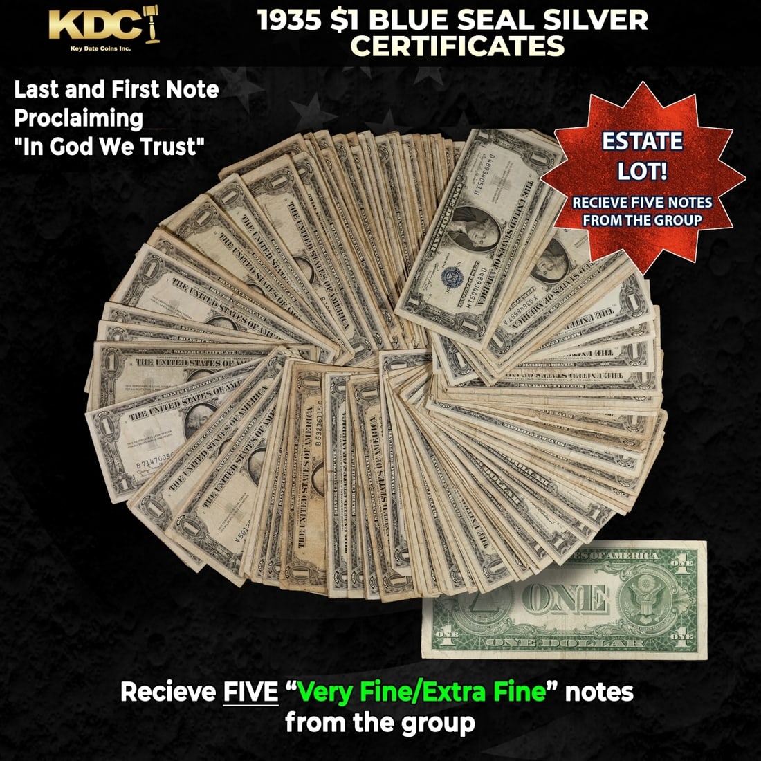 5x 1935 $1 Blue Seal Silver Certificates Grades VF/XF: 5x 1935 $1 Blue Seal Silver Certificates Grades VF/XF. Silver Certificates were redeemable in Silver. One of their most distinctive qualities is the blue Treasury seal and serial numbers. These notes 