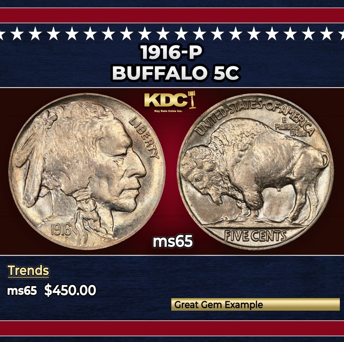 1916-p Buffalo Nickel 5c Grades ms65 (1 of 3)
