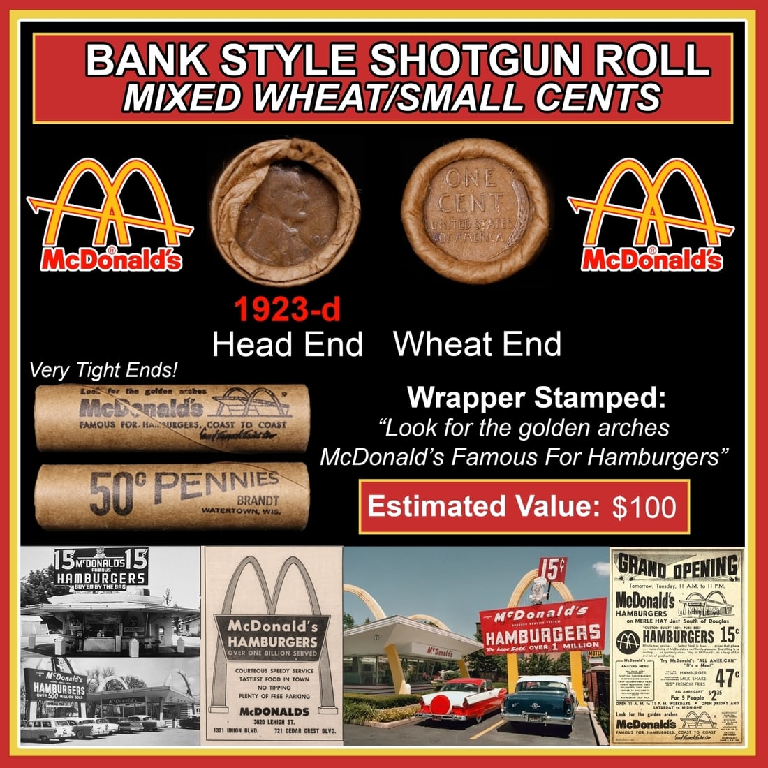 Lincoln Wheat Cent 1c Mixed Roll Orig Brandt McDonalds Wrapper, 1923-d end, Wheat other end (1 of 3)